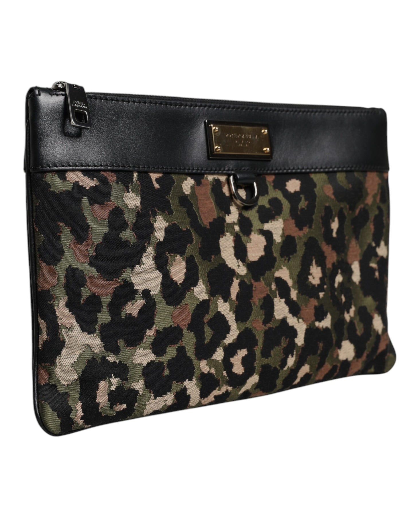 Dolce & Gabbana Multicolor Leopard Jacquard Print Logo Plaque Pouch Bag